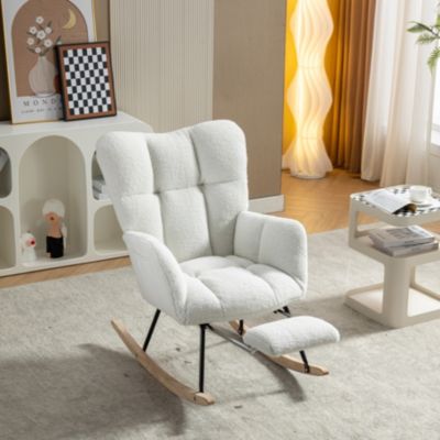 Fauteuil à Bascule Blanc - Fauteuil Relax en Tissu Polaire Teddy avec Repose-Pieds Extensible et Dossier Haut