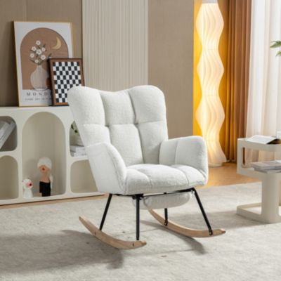 Fauteuil à Bascule Blanc - Fauteuil Relax en Tissu Polaire Teddy avec Repose-Pieds Extensible et Dossier Haut