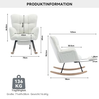 Fauteuil à Bascule Blanc - Fauteuil Relax en Tissu Polaire Teddy avec Repose-Pieds Extensible et Dossier Haut