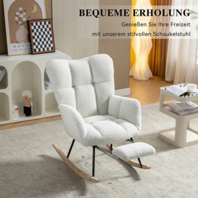 Fauteuil à Bascule Blanc - Fauteuil Relax en Tissu Polaire Teddy avec Repose-Pieds Extensible et Dossier Haut