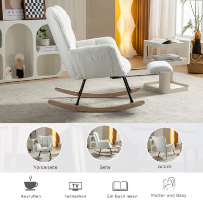 Fauteuil à Bascule Blanc - Fauteuil Relax en Tissu Polaire Teddy avec Repose-Pieds Extensible et Dossier Haut