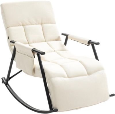 Fauteuil à bascule Cathy, relax rembourré, bascule avec dossier, structure métallique, accoudoirs, poche latérale Crème/Tissu