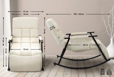 Fauteuil à bascule Cathy, relax rembourré, bascule avec dossier, structure métallique, accoudoirs, poche latérale Crème/Tissu