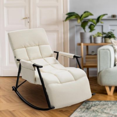 Fauteuil à bascule Cathy, relax rembourré, bascule avec dossier, structure métallique, accoudoirs, poche latérale Crème/Tissu