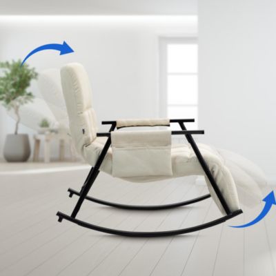 Fauteuil à bascule Cathy, relax rembourré, bascule avec dossier, structure métallique, accoudoirs, poche latérale Crème/Tissu