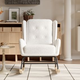 Fauteuil à Bascule, Chaise à Bascule Fauteuil Relax a Bascule en Tissu avec Dossier Haut Rocking,Blanc