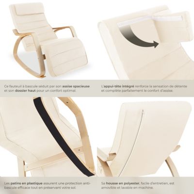 Fauteuil à bascule confortable design élégant beige avec repose-pieds réglable 5 positions