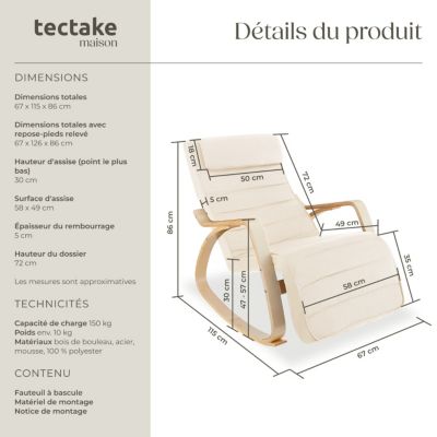 Fauteuil à bascule confortable design élégant beige avec repose-pieds réglable 5 positions