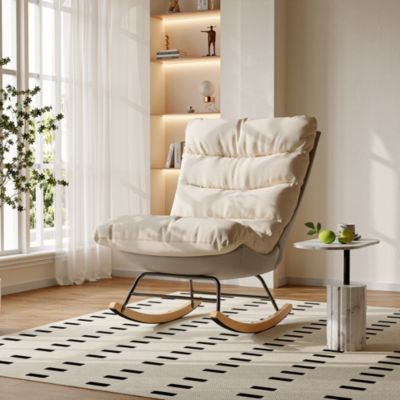 Fauteuil à bascule d'allaitement en tissu Teddy avec dossier haut pour adultes, pieds en métal, chaise de 83 x 54 x 93 cm