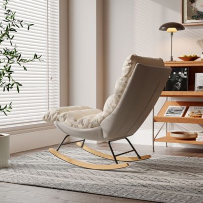 Fauteuil à bascule d'allaitement en tissu Teddy avec dossier haut pour adultes, pieds en métal, chaise de 83 x 54 x 93 cm