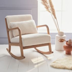 Fauteuil à bascule design en bois et tissu. bouclettes blanches. 1 place. rocking chair scandinave