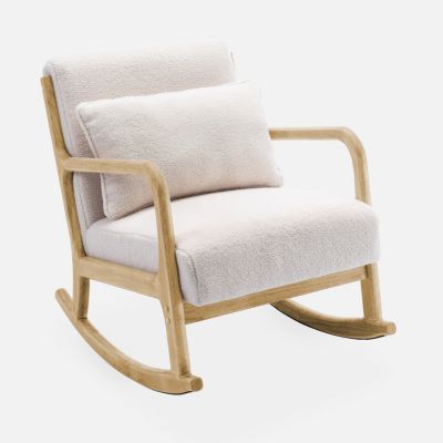 Fauteuil à bascule design en bois et tissu. bouclettes blanches. 1 place. rocking chair scandinave