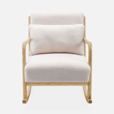 Fauteuil à bascule design en bois et tissu. bouclettes blanches. 1 place. rocking chair scandinave