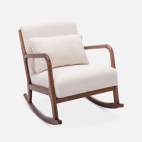 Fauteuil à bascule design en bois et tissu. bouclettes blanches. structure hévéa teinté noyer foncé