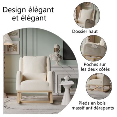 Fauteuil à Bascule Doux pour Chambre,rembourré à Dossier Haut, avec Oreiller, 2 Poches, Fauteuil Allaitement, Coton et Lin