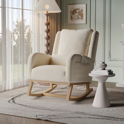 Fauteuil à Bascule Doux pour Chambre,rembourré à Dossier Haut, avec Oreiller, 2 Poches, Fauteuil Allaitement, Coton et Lin