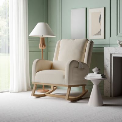 Fauteuil à bascule en lin coton beige avec poches latérales, dossier rembourré, coussin et patins silencieux