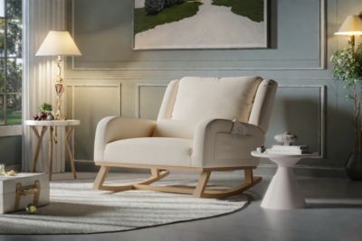 Fauteuil à bascule en lin coton beige avec poches latérales, dossier rembourré, coussin et patins silencieux
