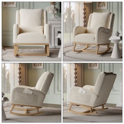 Fauteuil à bascule en lin coton beige avec poches latérales, dossier rembourré, coussin et patins silencieux