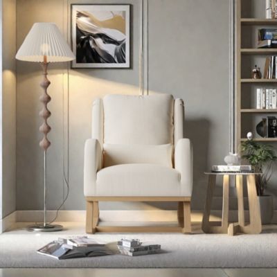 Fauteuil à bascule en lin coton beige avec poches latérales, dossier rembourré, coussin et patins silencieux