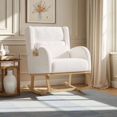 Fauteuil à bascule en teddy blanc avec soutien lombaire, design cosy et moderne pour salon ou chambre
