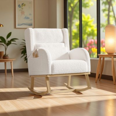 Fauteuil à bascule en teddy blanc avec soutien lombaire, design cosy et moderne pour salon ou chambre