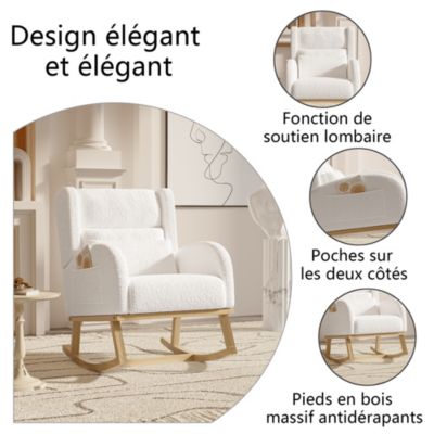Fauteuil à bascule en teddy blanc avec soutien lombaire, design cosy et moderne pour salon ou chambre