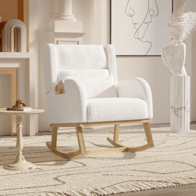Fauteuil à bascule en teddy blanc avec soutien lombaire, design cosy et moderne pour salon ou chambre