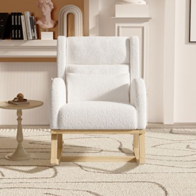 Fauteuil à bascule en teddy blanc avec soutien lombaire, design cosy et moderne pour salon ou chambre