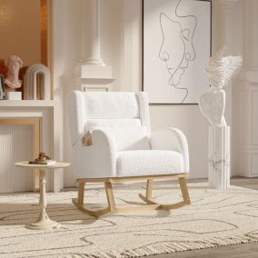 Fauteuil à Bascule en Tissu Bouclé Rembourré avec Support Lombaire et Pieds en Bois, Blanc