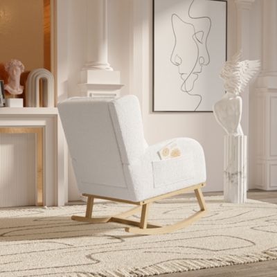Fauteuil à Bascule en Tissu Bouclé Rembourré avec Support Lombaire et Pieds en Bois, Blanc
