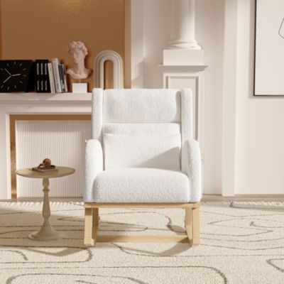 Fauteuil à Bascule en Tissu Bouclé Rembourré avec Support Lombaire et Pieds en Bois, Blanc
