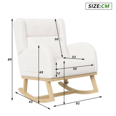 Fauteuil à Bascule en Tissu Bouclé Rembourré avec Support Lombaire et Pieds en Bois, Blanc