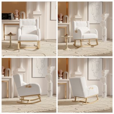 Fauteuil à Bascule en Tissu Bouclé Rembourré avec Support Lombaire et Pieds en Bois, Blanc