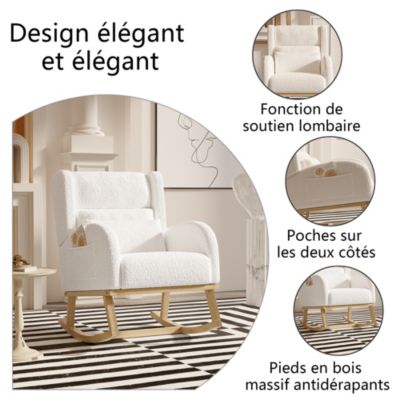 Fauteuil à Bascule en Tissu Bouclé Rembourré avec Support Lombaire et Pieds en Bois, Blanc