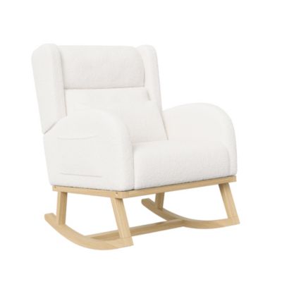 Fauteuil à Bascule en Tissu Bouclé Rembourré avec Support Lombaire et Pieds en Bois, Blanc