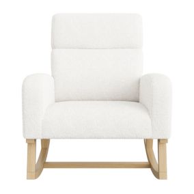 Fauteuil à Bascule en Tissu Peluche, Fauteuil de Salon avec Poches latérales et Socle en Bois Massif, Chambre, Blanc