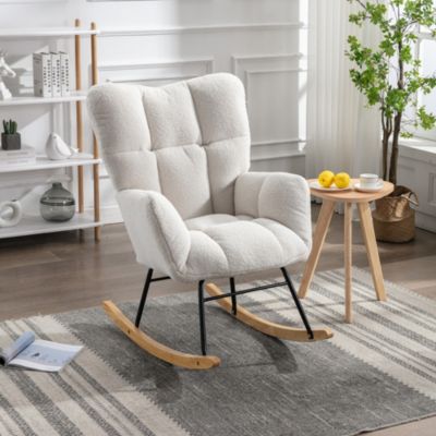 Fauteuil à Bascule en Tissu Polaire Teddy Blanc - Fauteuil Relax avec Accoudoirs et Siège Rembourré, Style Médiéval Moderne