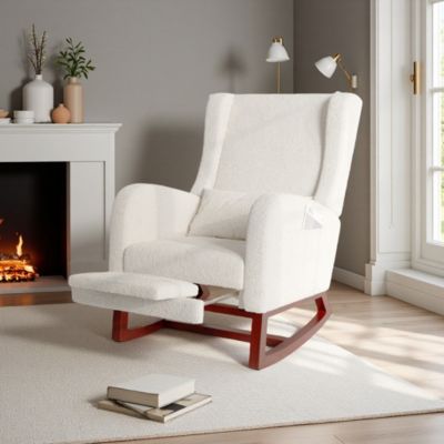 Fauteuil à bascule en tissu teddy avec repose-jambes extensible, poches latérales et coussin inclus, blanc