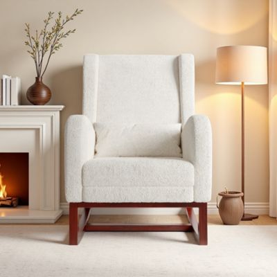 Fauteuil à bascule en tissu teddy avec repose-jambes extensible, poches latérales et coussin inclus, blanc