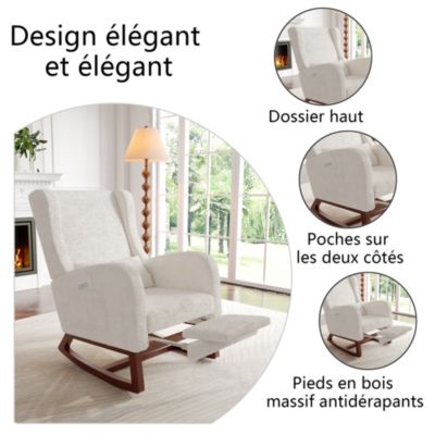 Fauteuil à bascule en tissu teddy avec repose-jambes extensible, poches latérales et coussin inclus, blanc