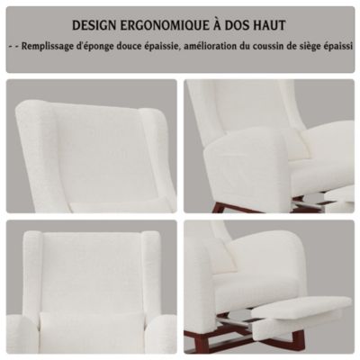 Fauteuil à bascule en tissu teddy avec repose-jambes extensible, poches latérales et coussin inclus, blanc