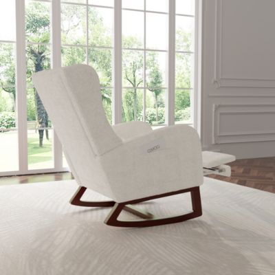 Fauteuil à bascule en tissu teddy avec repose-jambes extensible, poches latérales et coussin inclus, blanc