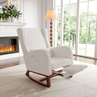 Fauteuil à bascule en tissu teddy avec repose-jambes extensible, poches latérales et coussin inclus, blanc