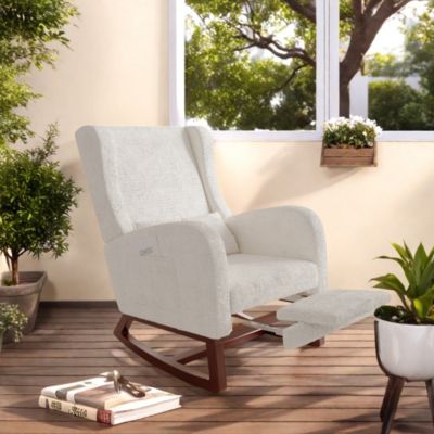 Fauteuil à bascule en tissu teddy avec repose-jambes extensible, poches latérales et coussin inclus, blanc