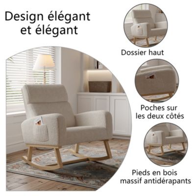Fauteuil à bascule en tissu teddy beige avec poches latérales, assise large et patins antidérapants silencieux
