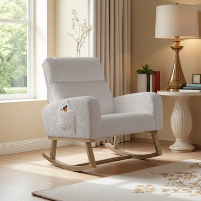 Fauteuil à bascule en tissu teddy blanc avec poches latérales, assise large et patins antidérapants silencieux