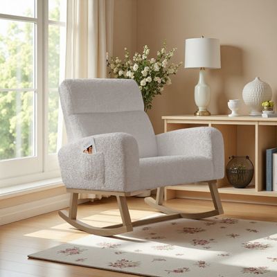 Fauteuil à bascule en tissu teddy blanc avec poches latérales, assise large et patins antidérapants silencieux