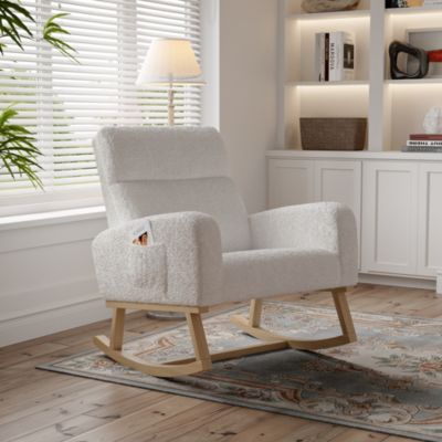 Fauteuil à bascule en tissu teddy blanc avec poches latérales, assise large et patins antidérapants silencieux