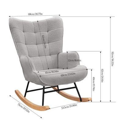 Fauteuil à bascule en tissu teddy gris clair avec dossier capitonné, design cosy et moderne pour salon ou chambre